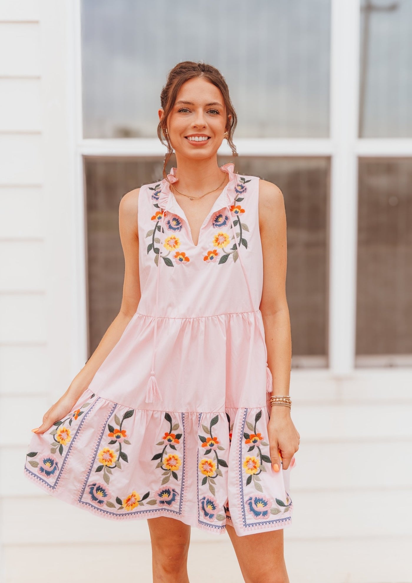 Cloud Pink Floral Embroidery Mini Dress MDR3841 - Southern Soule Designs