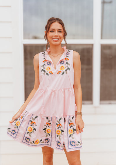 Cloud Pink Floral Embroidery Mini Dress MDR3841 - Southern Soule Designs