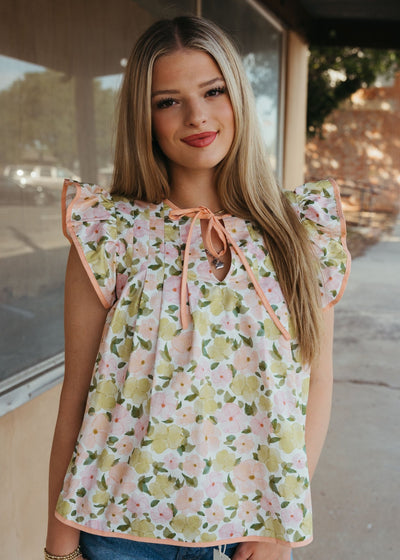 Coral Multi Foral Print Ruffle Sleeve Top T - 50462 - JK - Southern Soule Designs