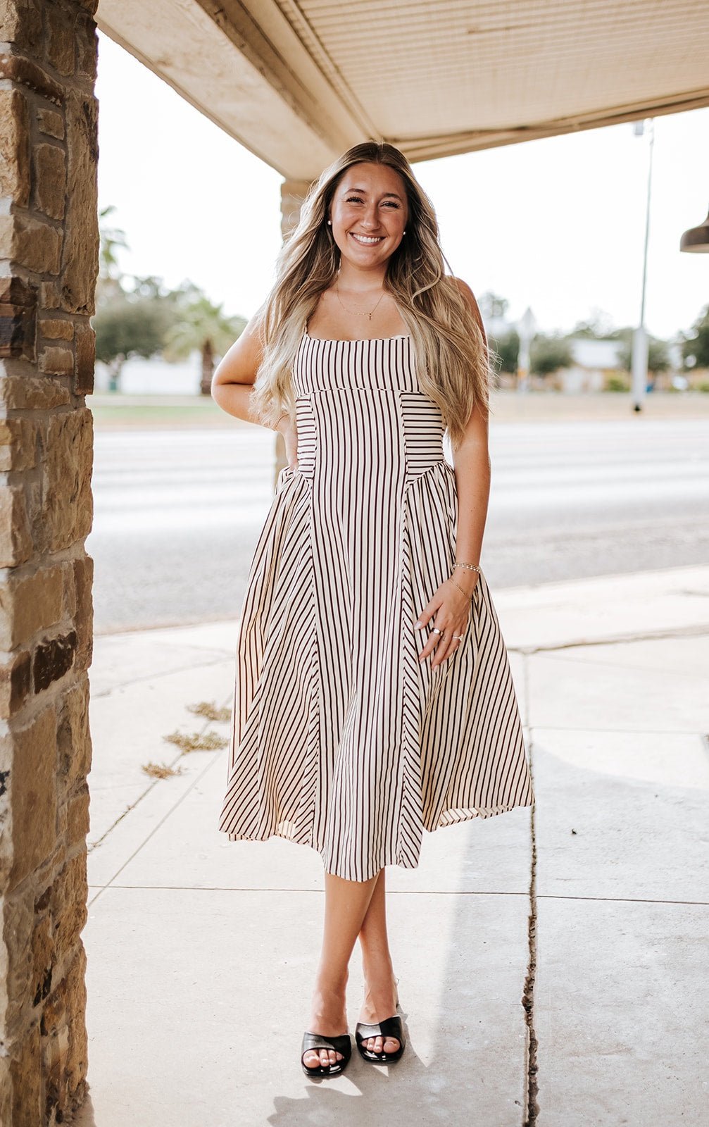 Cream and Brown Striped Midi Dress - ID10390 - Southern Soule Designs