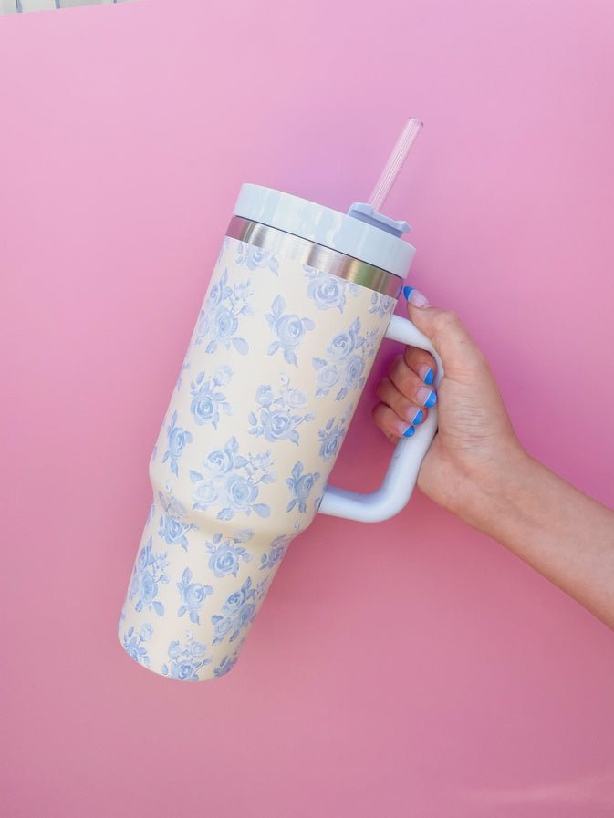 Cream & Blue Floral 40 oz Tumbler - Southern Soule Designs