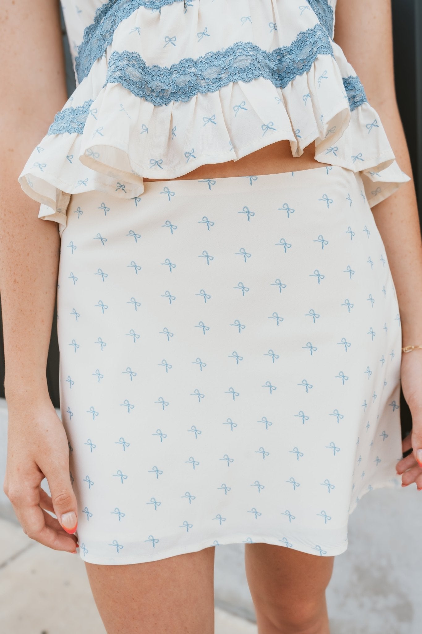 Cream Bow Print Tiered Top with Mini Skirt ITS5639 - Southern Soule Designs