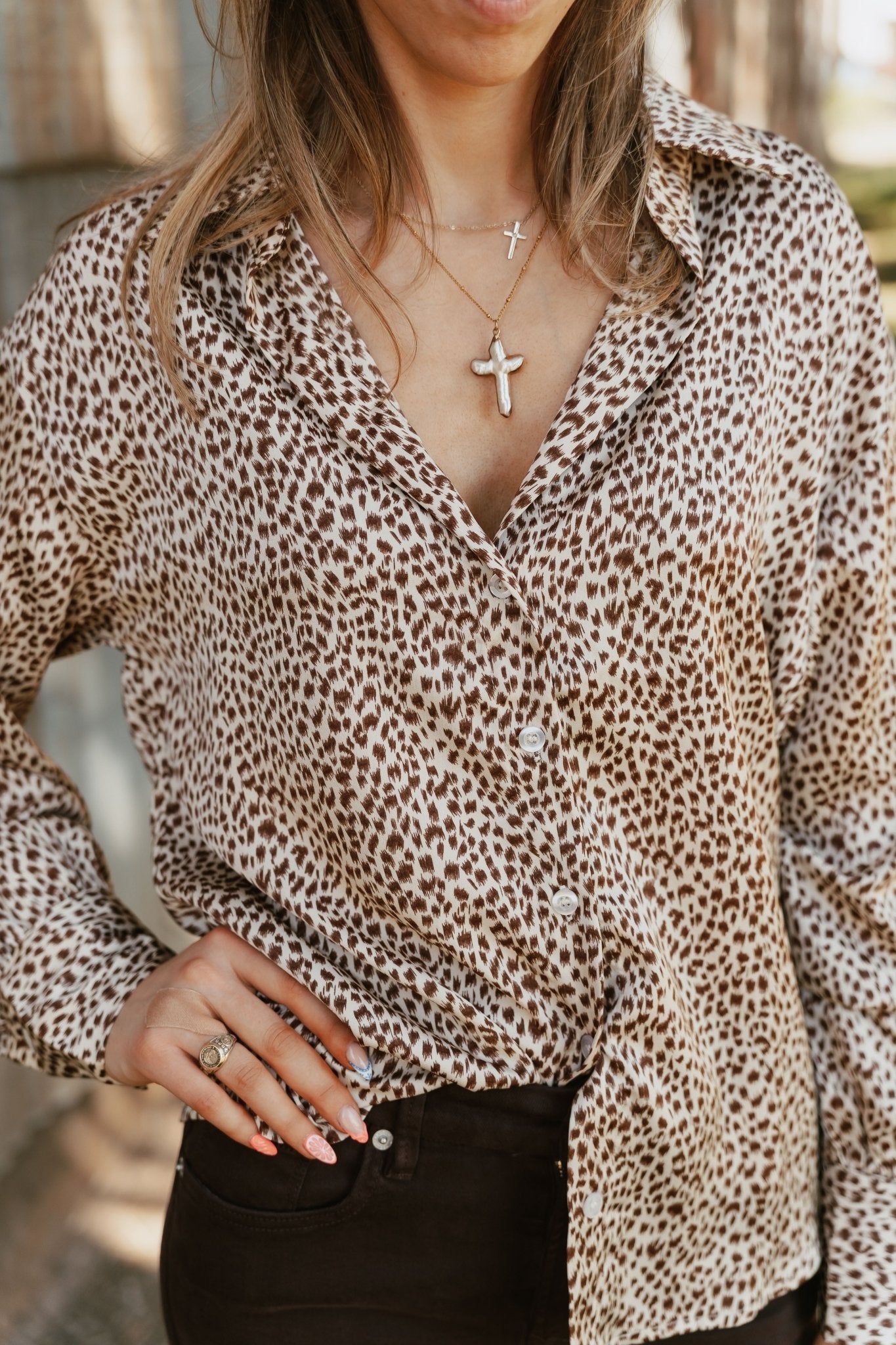 Cream Brown Animal Print Button - Up Top BRT3219 - 3 - Southern Soule Designs