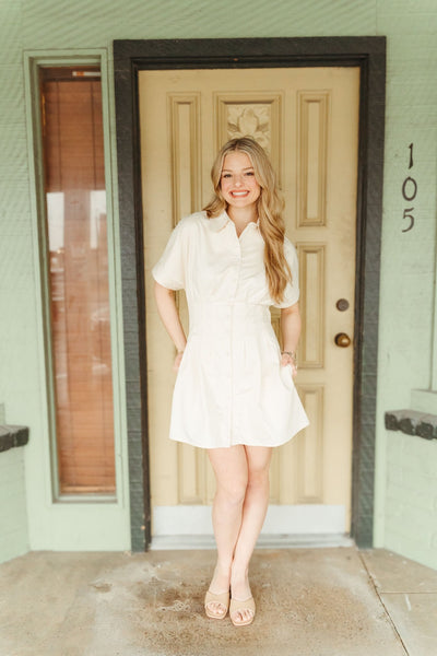 Cream Button Up Collared Side Pockets Dress CD05340 - Southern Soule Designs