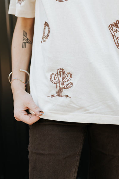Cream Cowboy Embroidered Tee - Southern Soule Designs