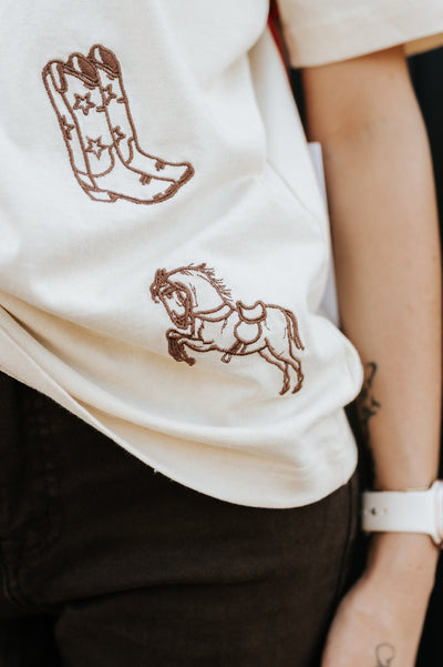 Cream Cowboy Embroidered Tee - Southern Soule Designs