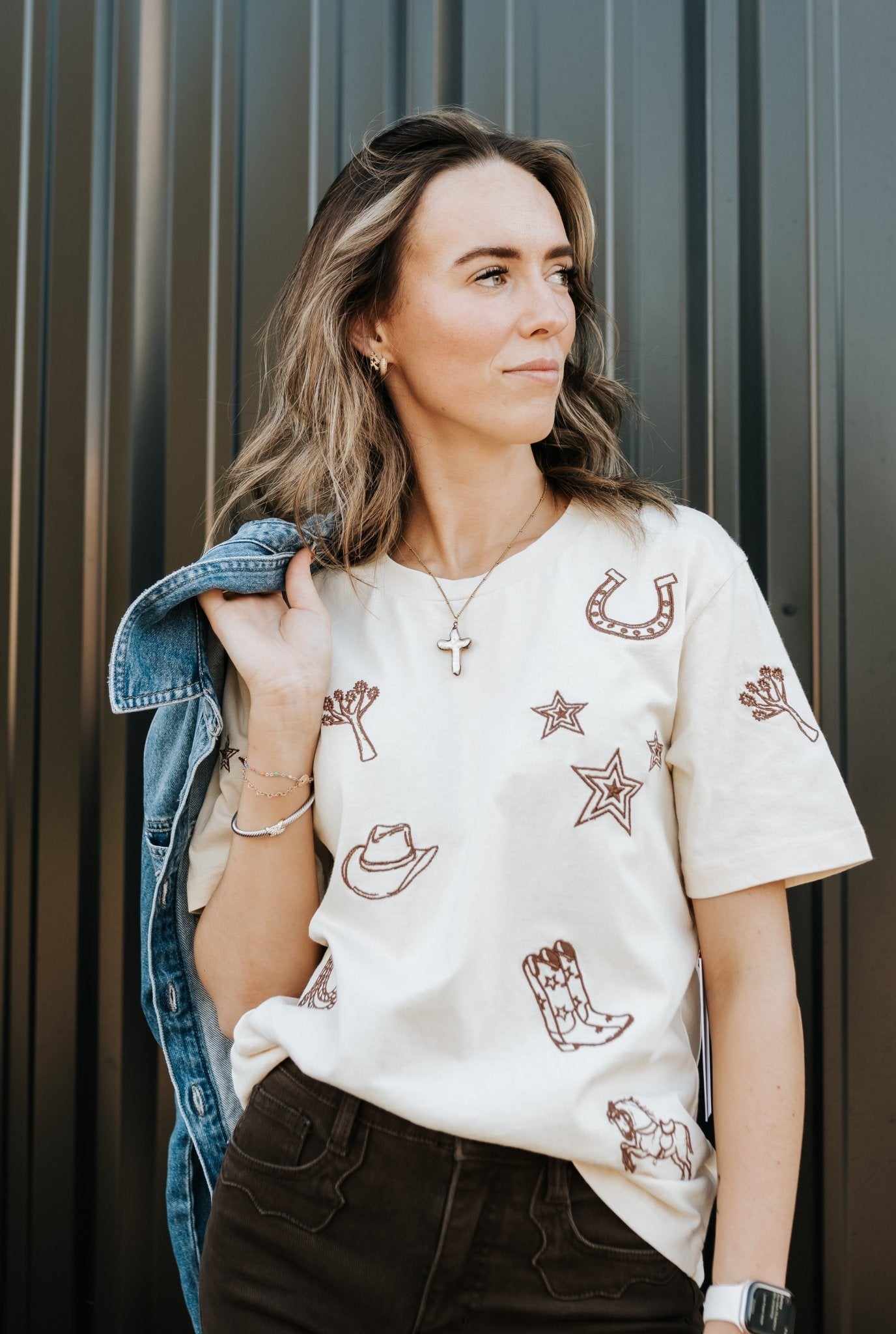 Cream Cowboy Embroidered Tee - Southern Soule Designs