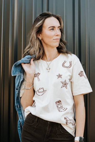 Cream Cowboy Embroidered Tee - Southern Soule Designs