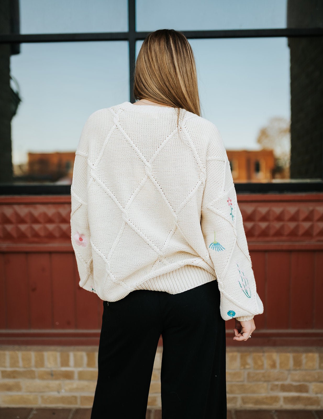 Cream Embroidered Lattice Cable Sweater IT14253 - Southern Soule Designs