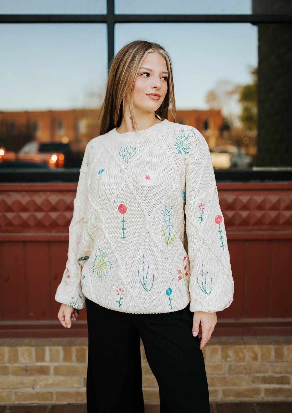 Cream Embroidered Lattice Cable Sweater IT14253 - Southern Soule Designs