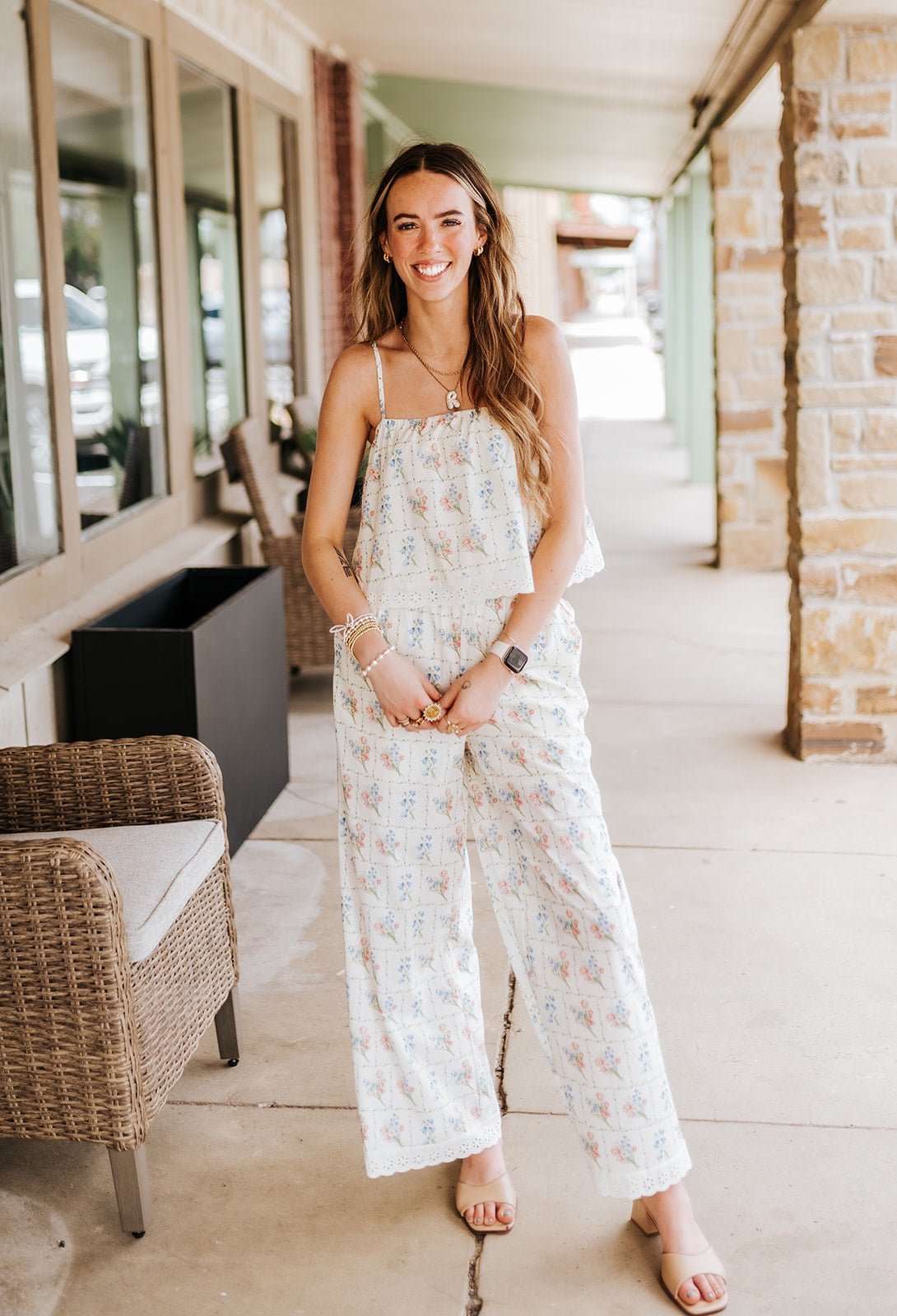 Cream Floral Floral Cropped Cami Top and Pant Set EC10675 - Southern Soule Designs