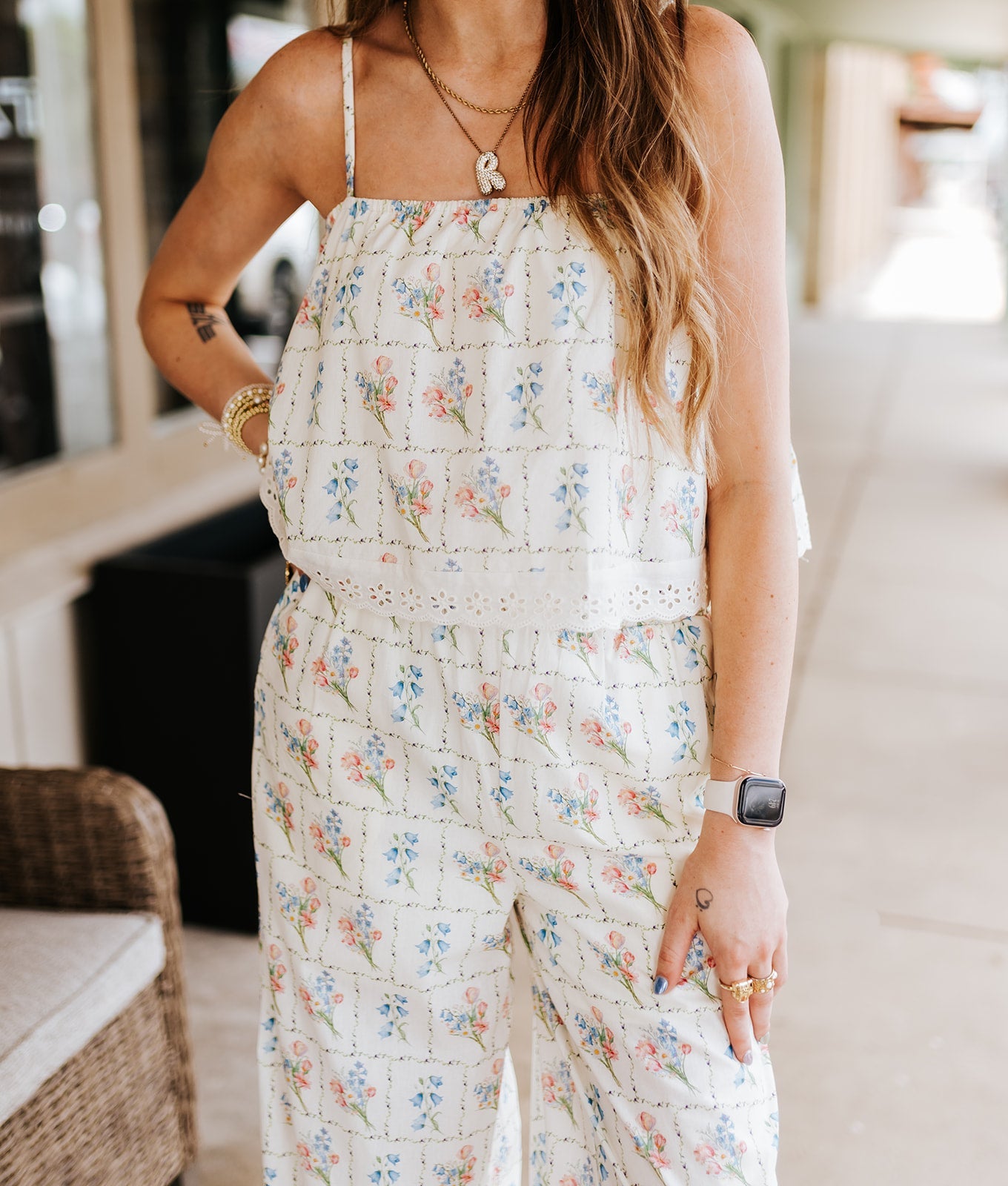 Cream Floral Floral Cropped Cami Top and Pant Set EC10675 - Southern Soule Designs