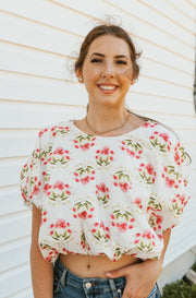 Cream Floral Print Bubble Hem Top T26787 - Southern Soule Designs