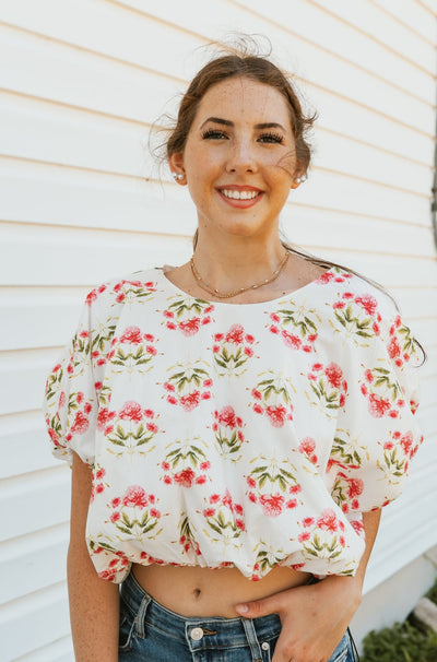 Cream Floral Print Bubble Hem Top T26787 - Southern Soule Designs