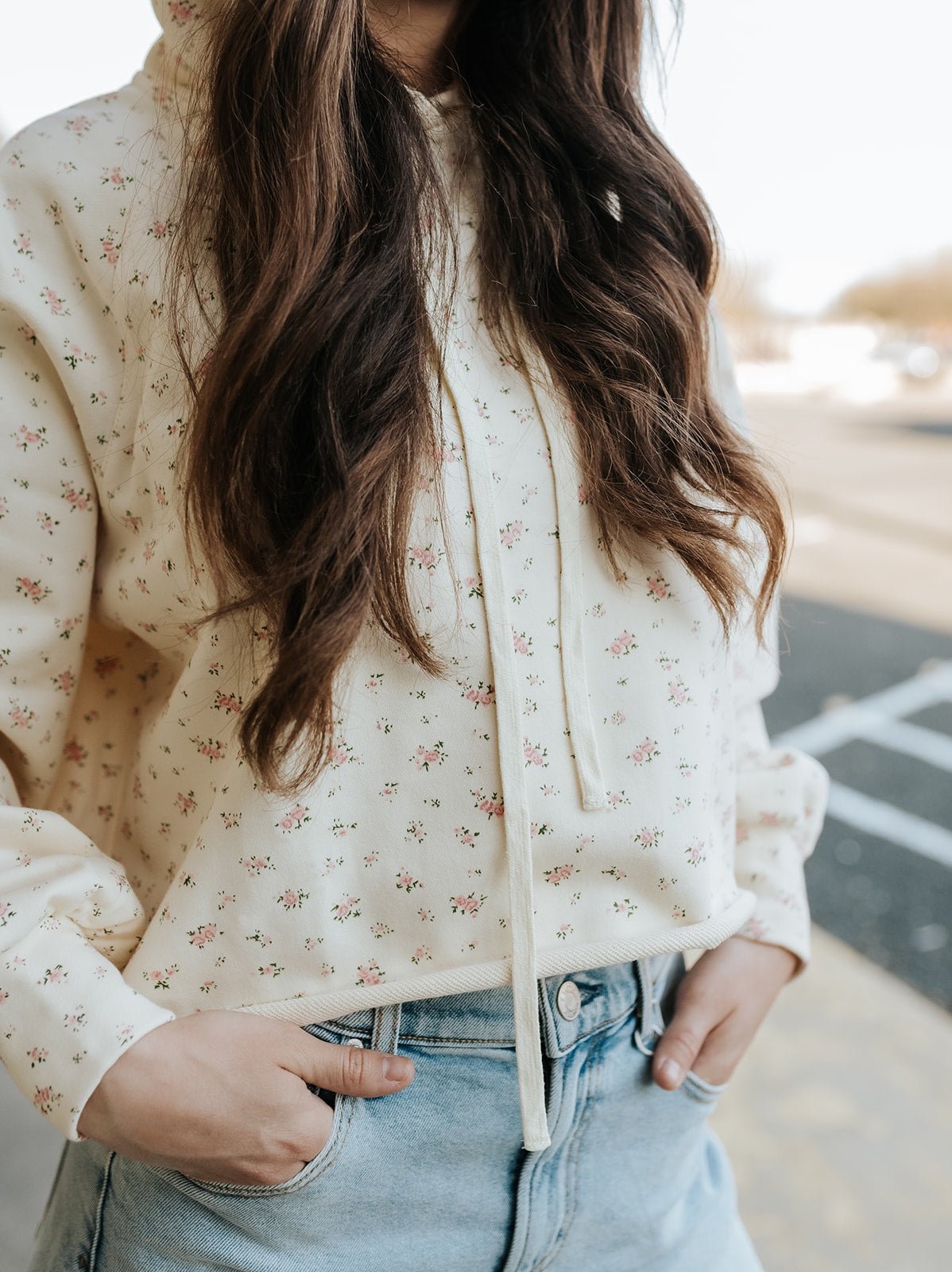 Cream Floral Print Lounge Crop Hoodie IT2404B - Southern Soule Designs