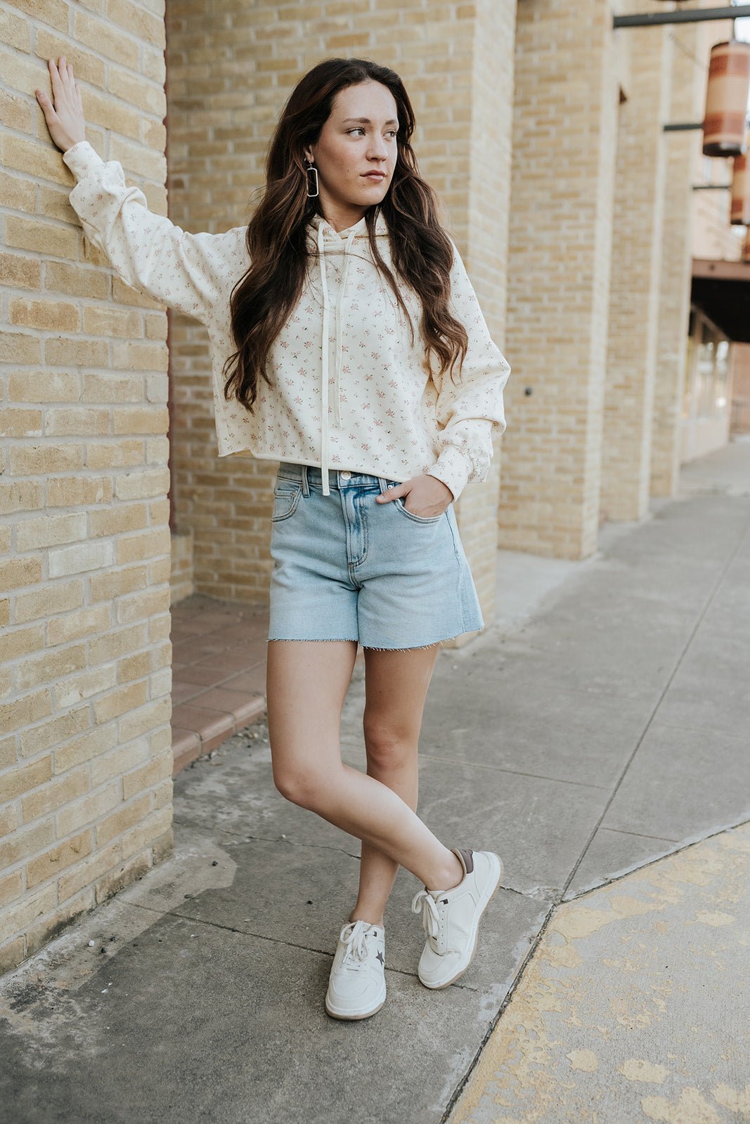 Cream Floral Print Lounge Crop Hoodie IT2404B - Southern Soule Designs