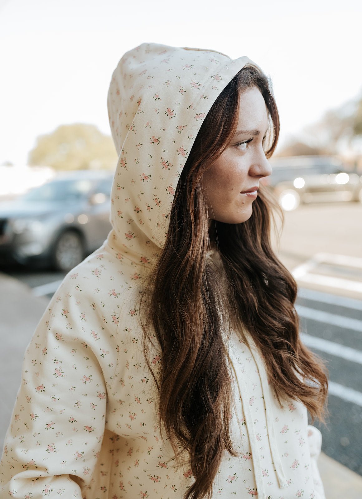 Cream Floral Print Lounge Crop Hoodie IT2404B - Southern Soule Designs