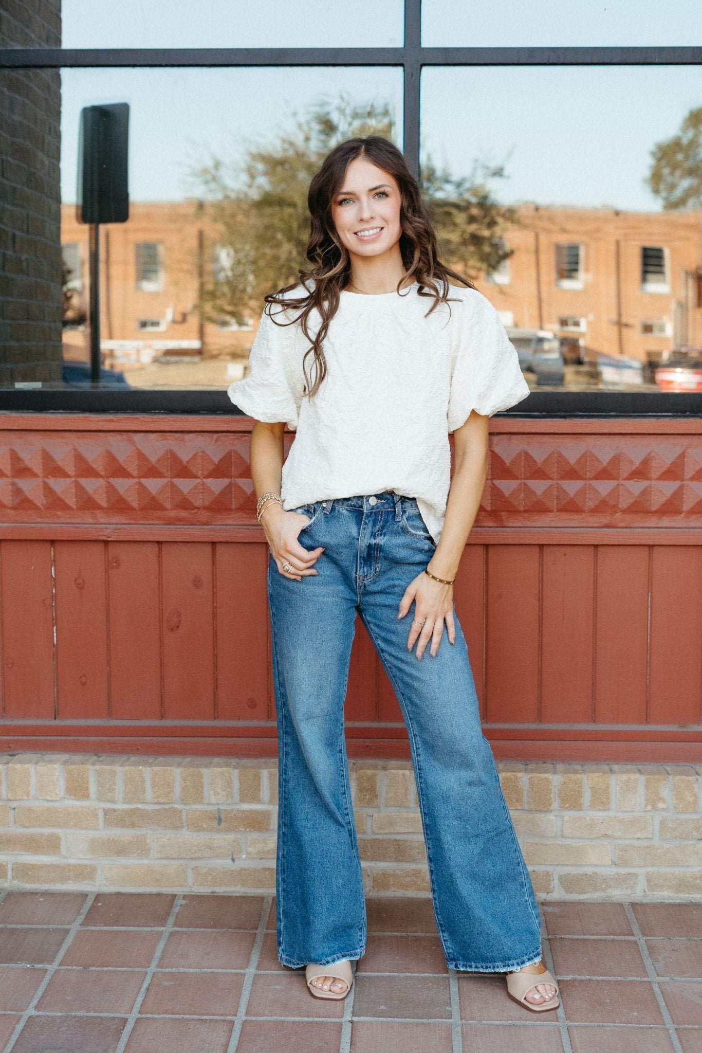 Cream Floral Textured Puff Sleeve Top 34640 - Southern Soule Designs