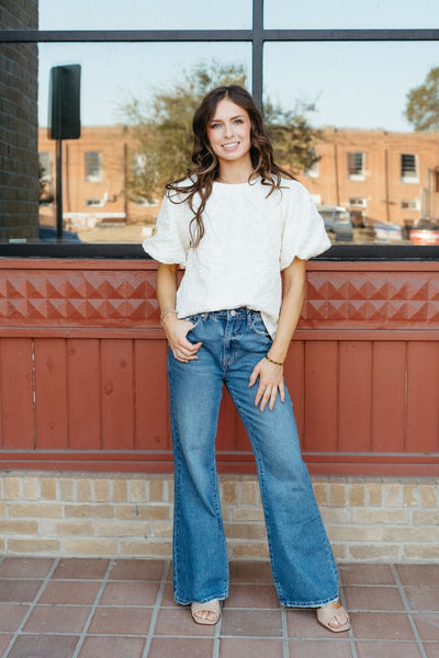 Cream Floral Textured Puff Sleeve Top 34640 - Southern Soule Designs