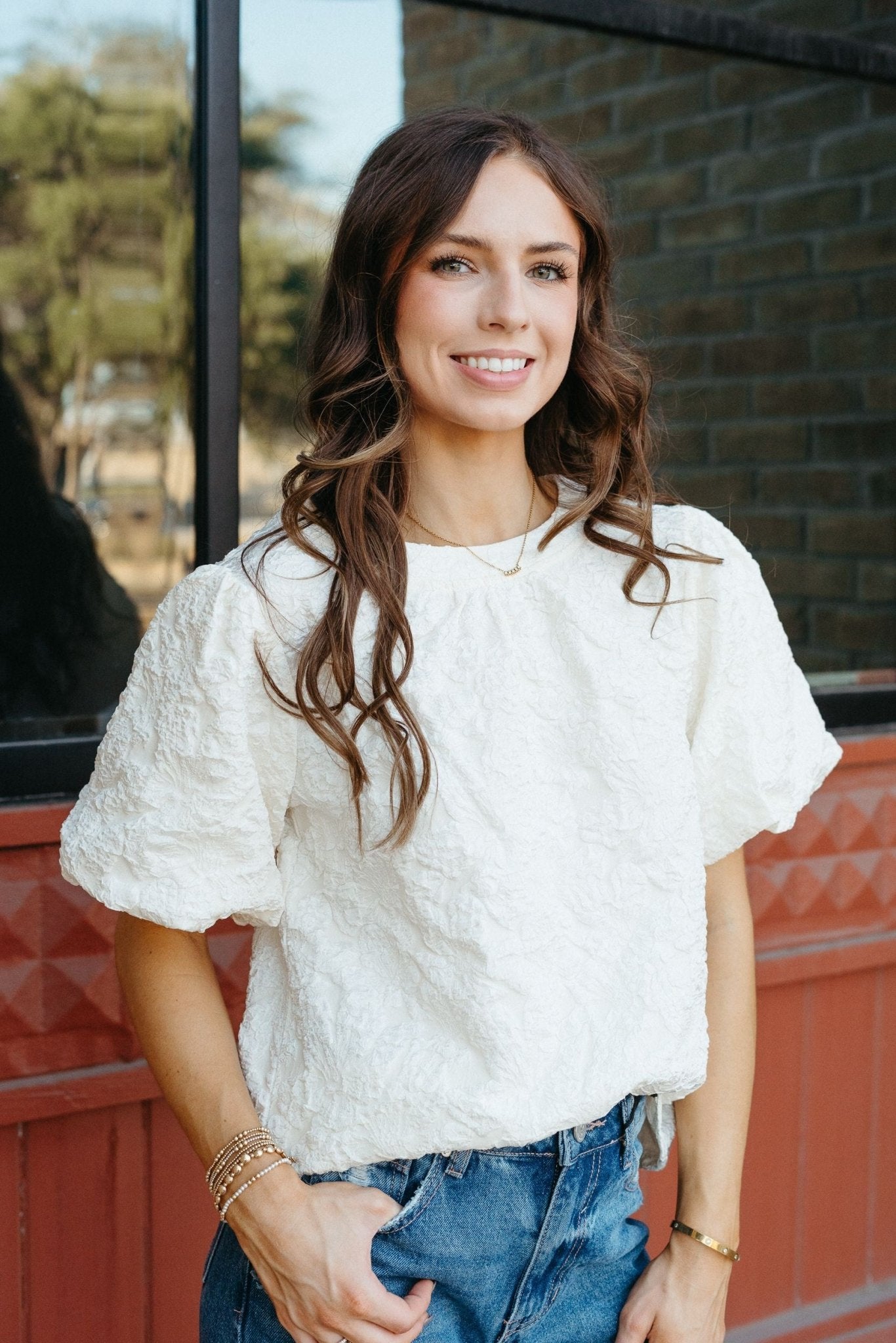 Cream Floral Textured Puff Sleeve Top 34640 - Southern Soule Designs