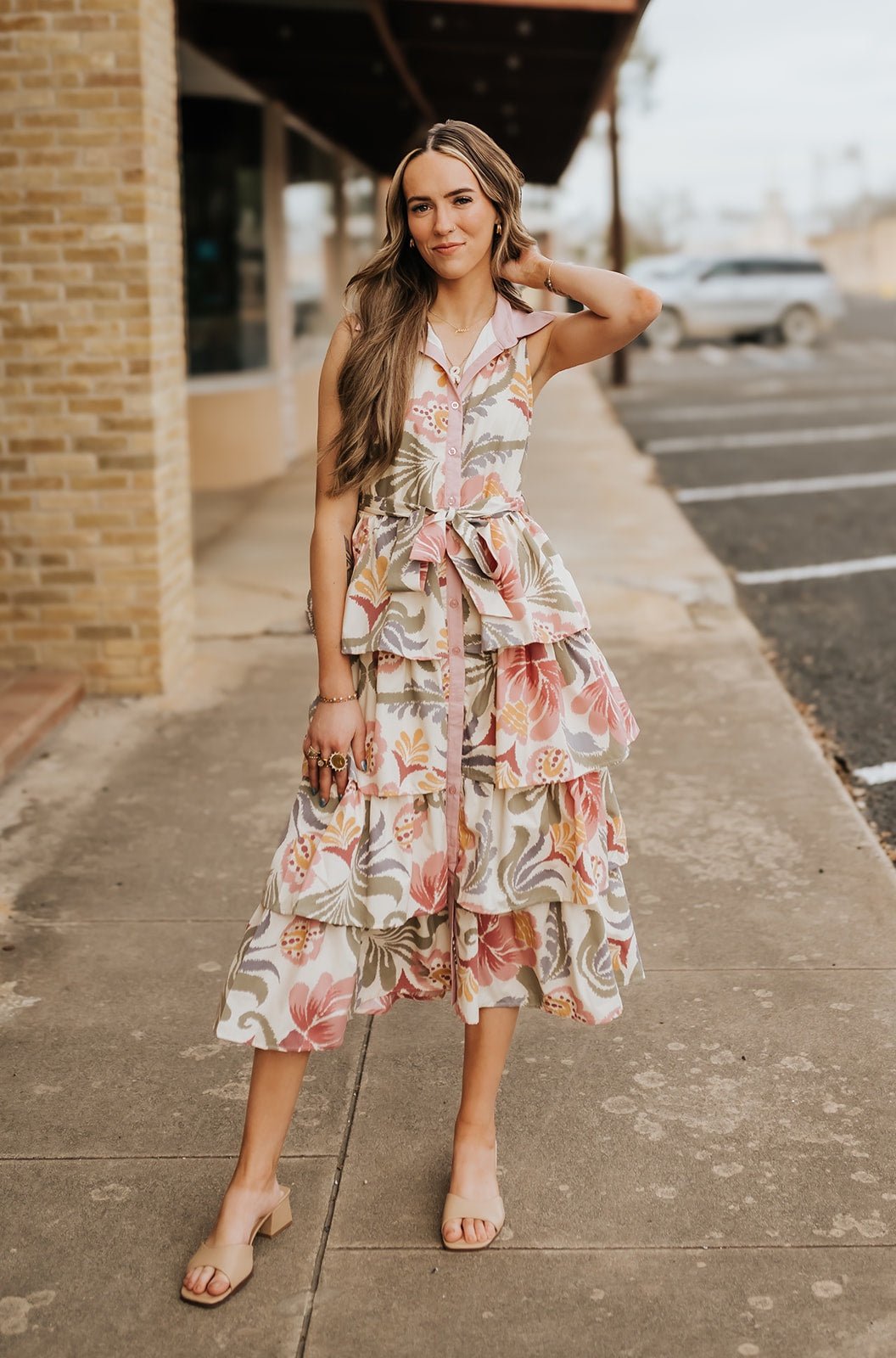 Cream Floral Tiered Midi Dress CD06084 - Southern Soule Designs