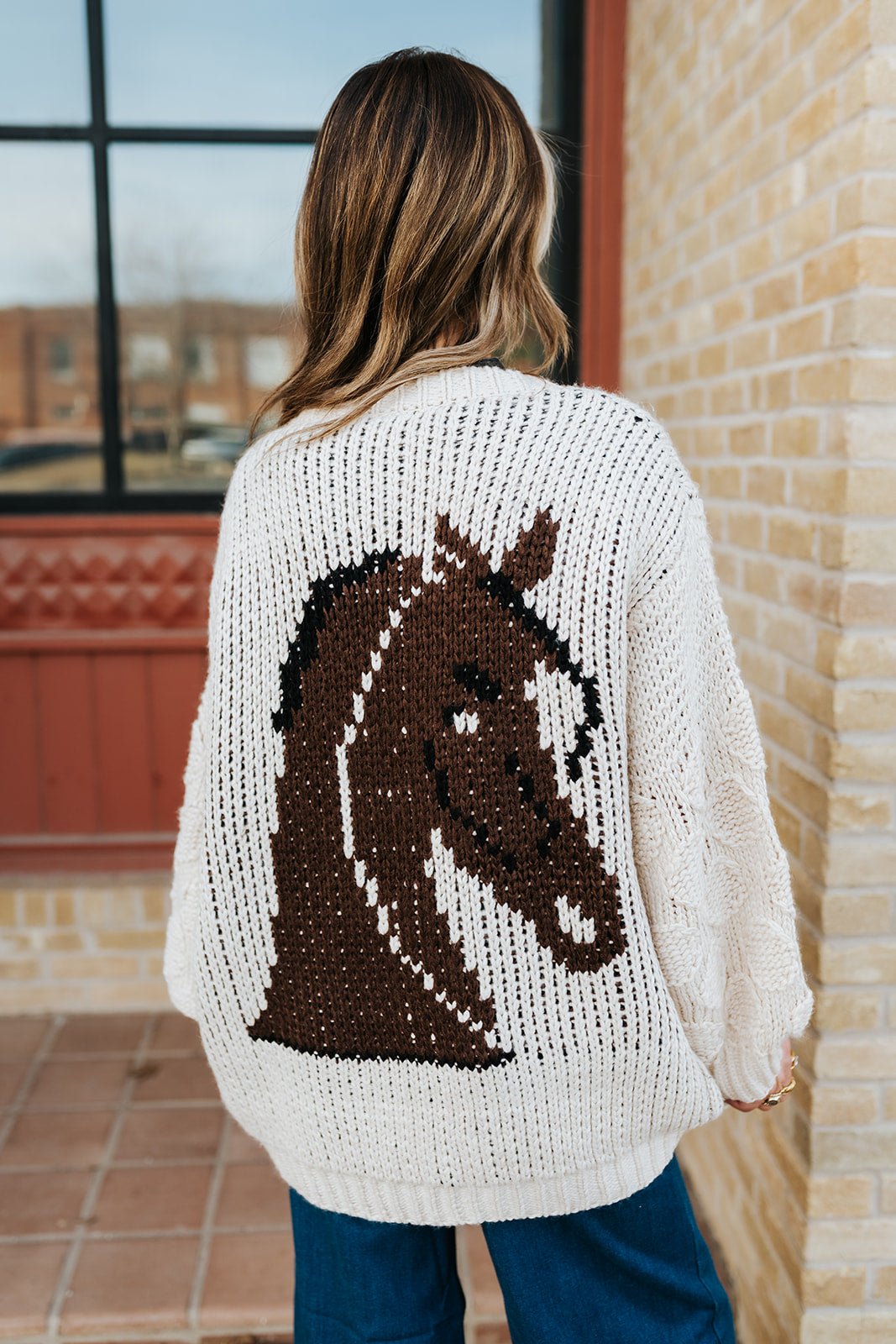 Cream Horse Print Knit Cardigan BRW3270 - 1 - Southern Soule Designs