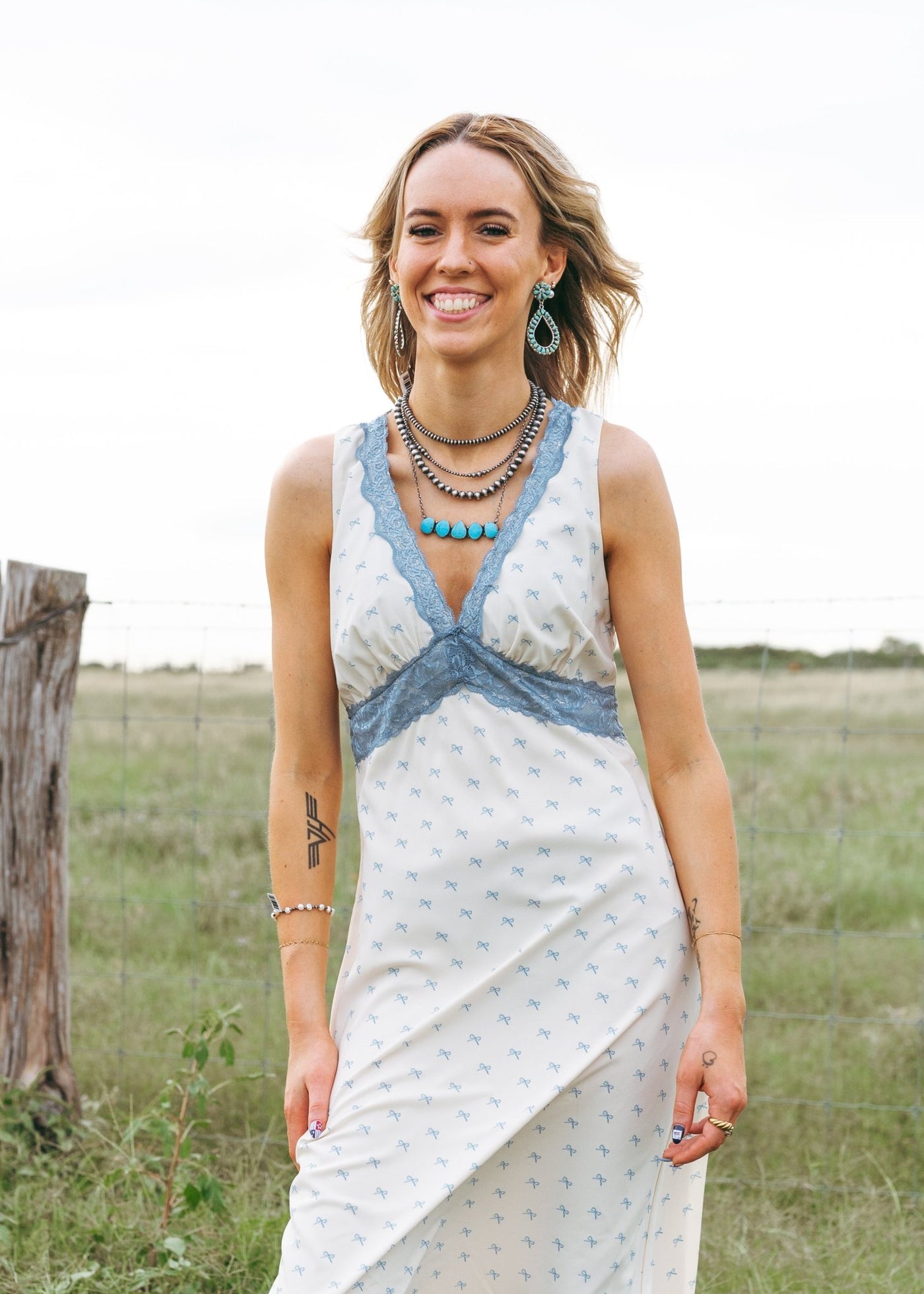 Cream Lace Trimmed Bow Print Midi Dress ID5480 - Southern Soule Designs