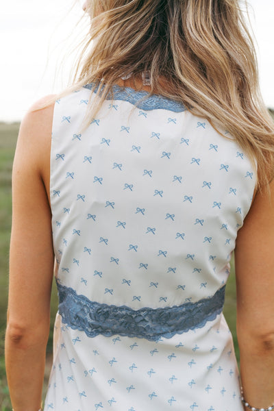 Cream Lace Trimmed Bow Print Midi Dress ID5480 - Southern Soule Designs