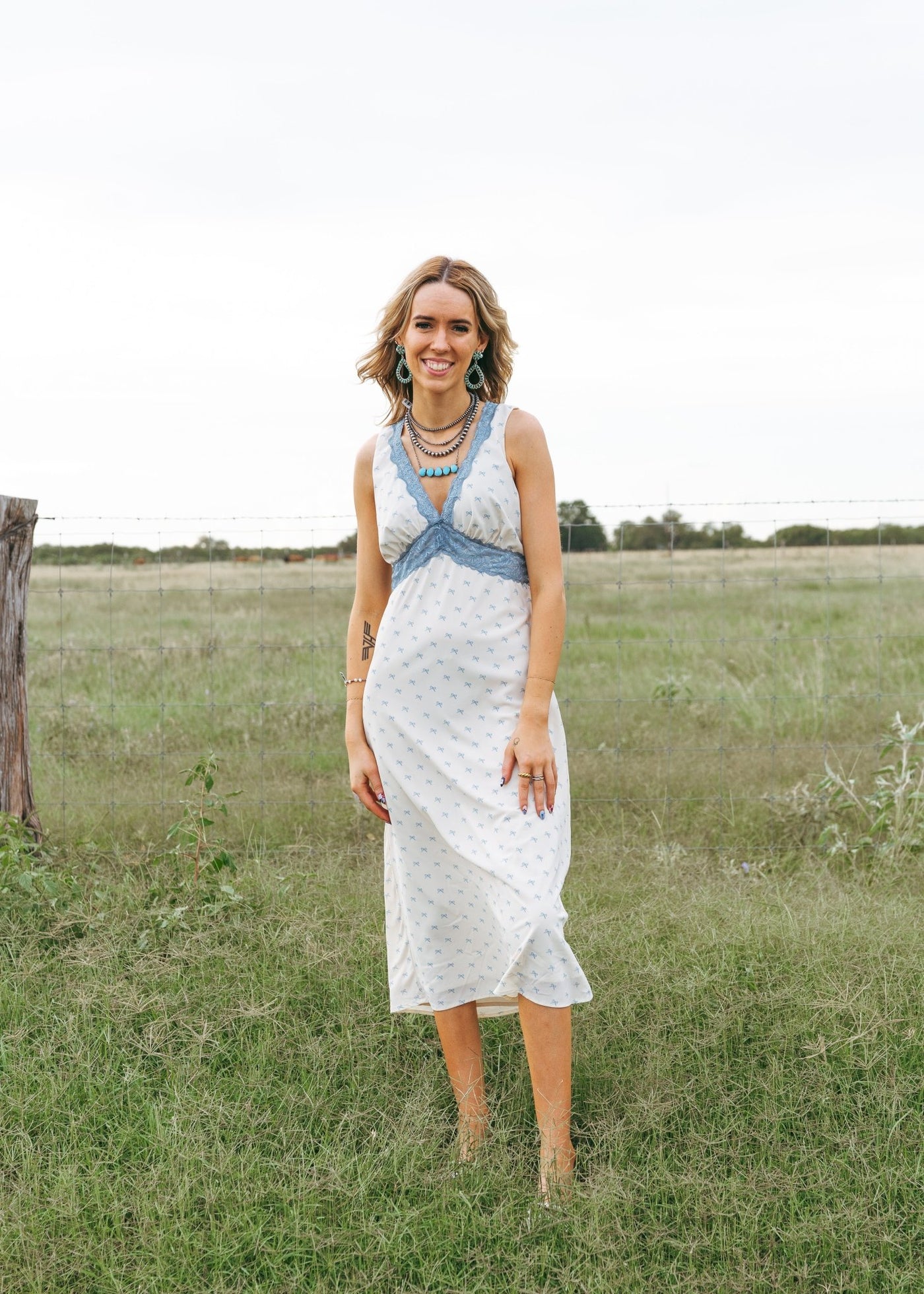 Cream Lace Trimmed Bow Print Midi Dress ID5480 - Southern Soule Designs