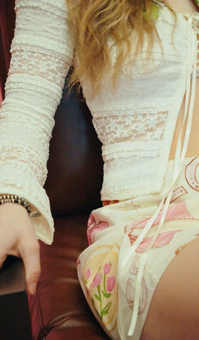 Cream Lace Up Long Sleeve Crop Top with Lace Detail BRT3179 - Southern Soule Designs