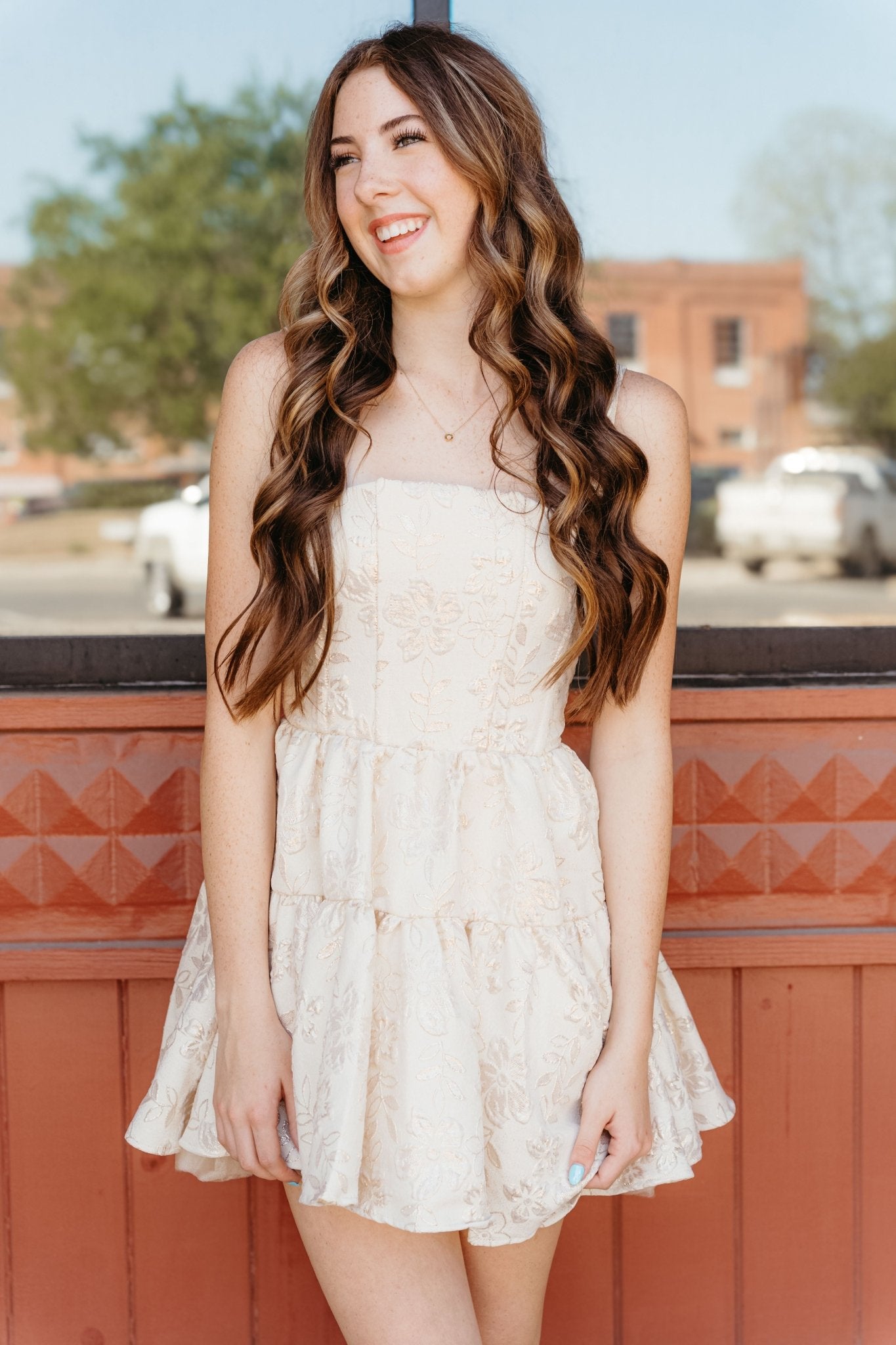 Cream Metallic Floral Mini Dress JD7179 - Southern Soule Designs