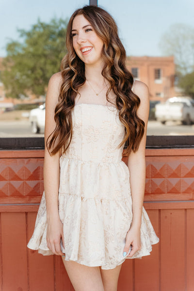 Cream Metallic Floral Mini Dress JD7179 - Southern Soule Designs