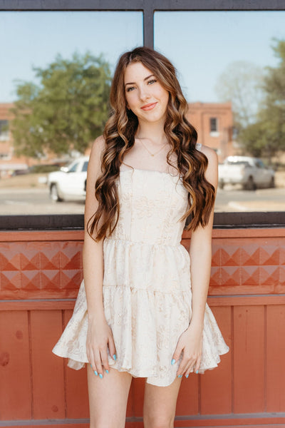 Cream Metallic Floral Mini Dress JD7179 - Southern Soule Designs