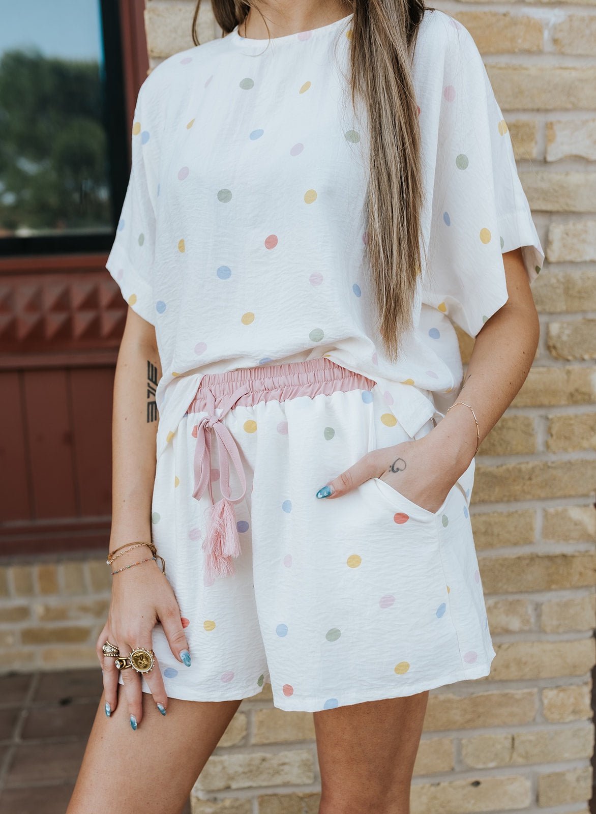 Cream Multi Color Polka Dot Top and Shorts Set JTP47776 - Southern Soule Designs