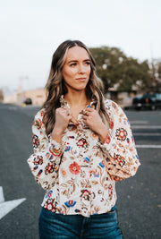 Cream Multi Floral Print Ruffled Button Down Top MTP4560 - Southern Soule Designs