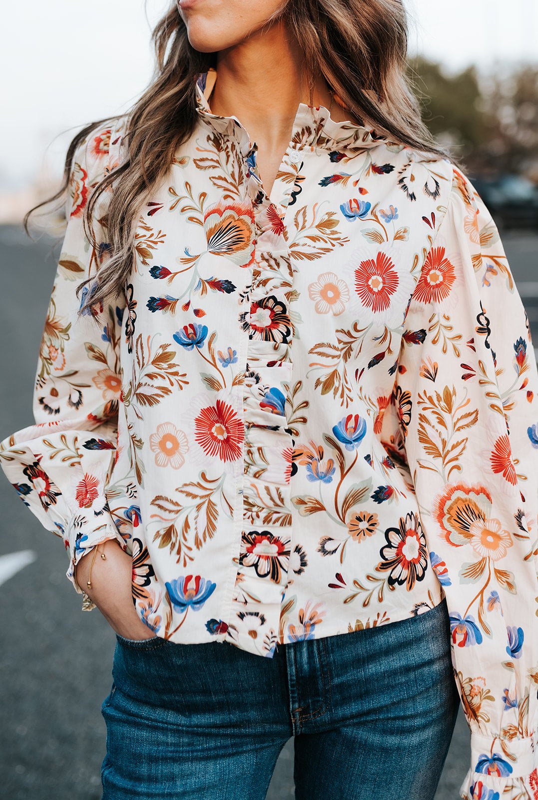 Cream Multi Floral Print Ruffled Button Down Top MTP4560 - Southern Soule Designs