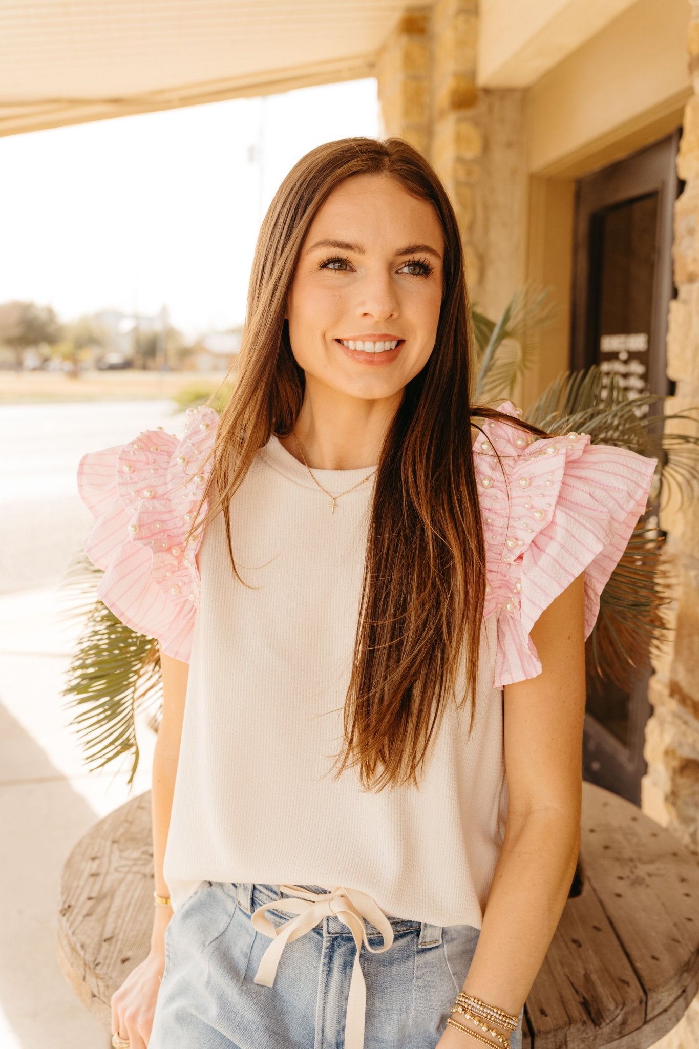 Cream Pearl Studded Ruffle Sleeve Top T26293 - Southern Soule Designs