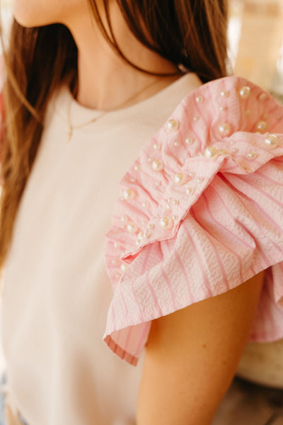 Cream Pearl Studded Ruffle Sleeve Top T26293 - Southern Soule Designs