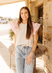 Cream Pearl Studded Ruffle Sleeve Top T26293 - Southern Soule Designs