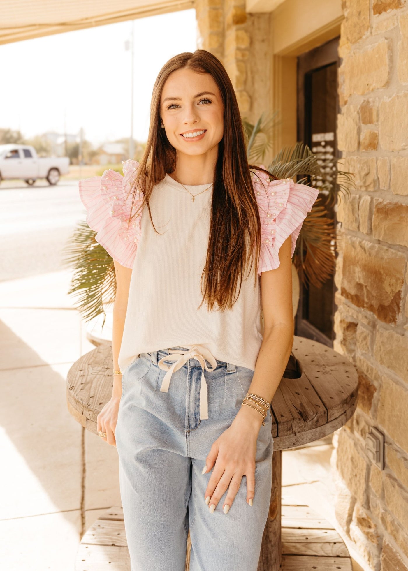 Cream Pearl Studded Ruffle Sleeve Top T26293 - Southern Soule Designs