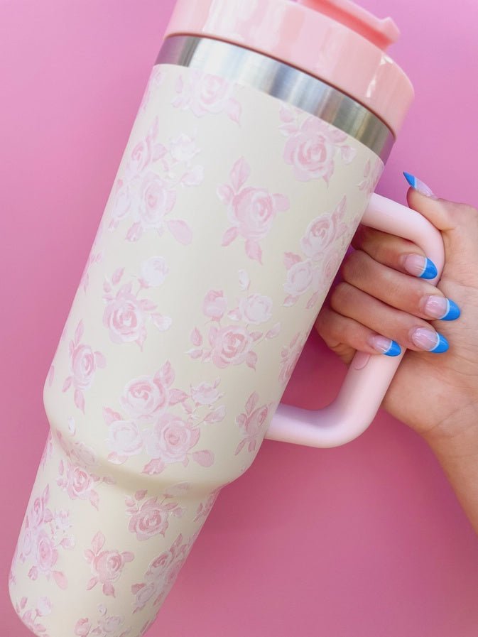 Cream & Pink Floral 40oz Tumbler - Southern Soule Designs