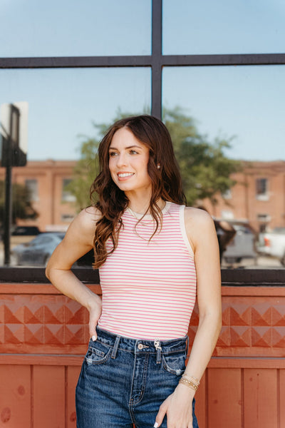Cream - Pink Stripe Sleeveless Bodysuit MT9737 - 12 - Southern Soule Designs