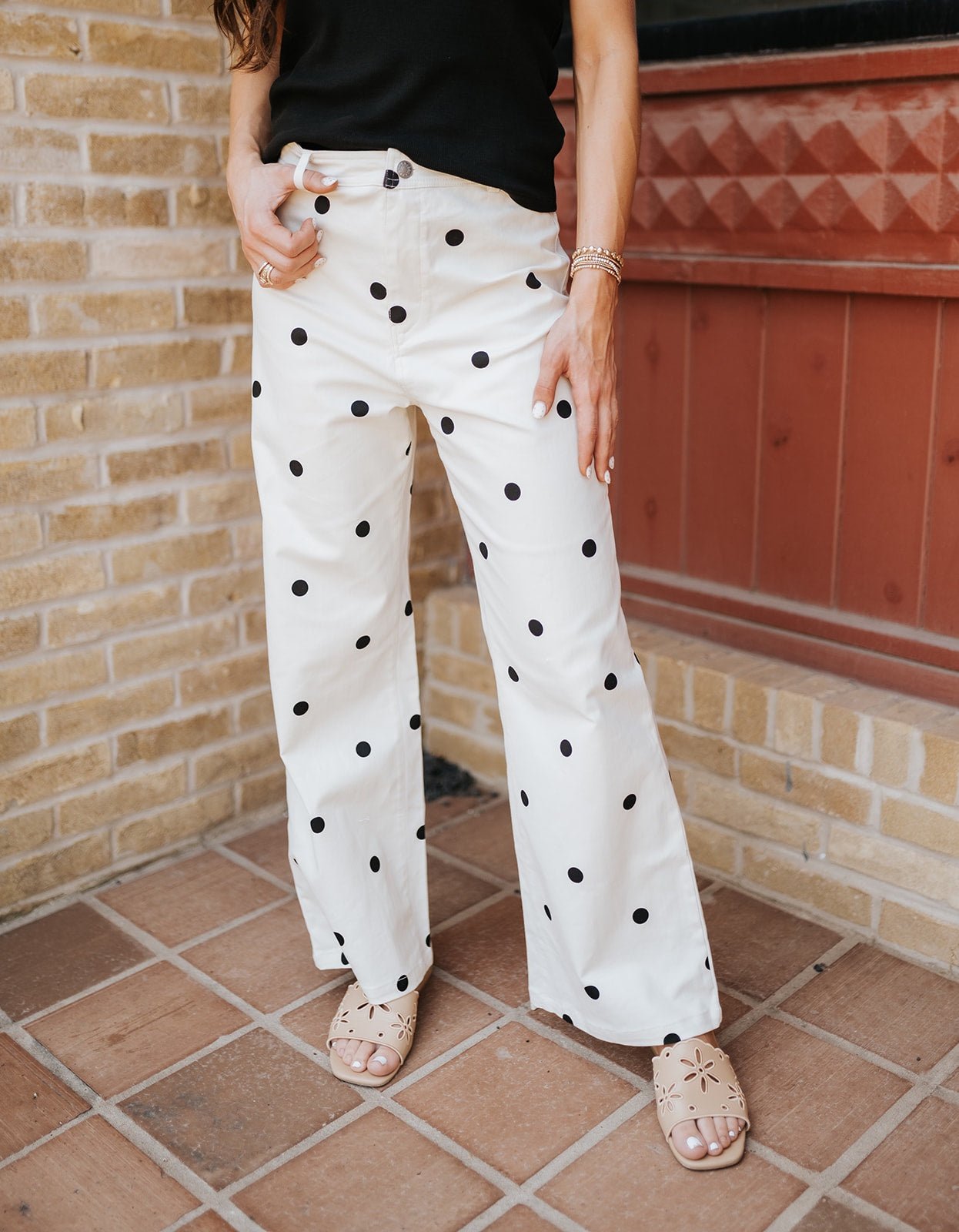 Cream Polkadot Denim Pants IP1384-C - Southern Soule Designs