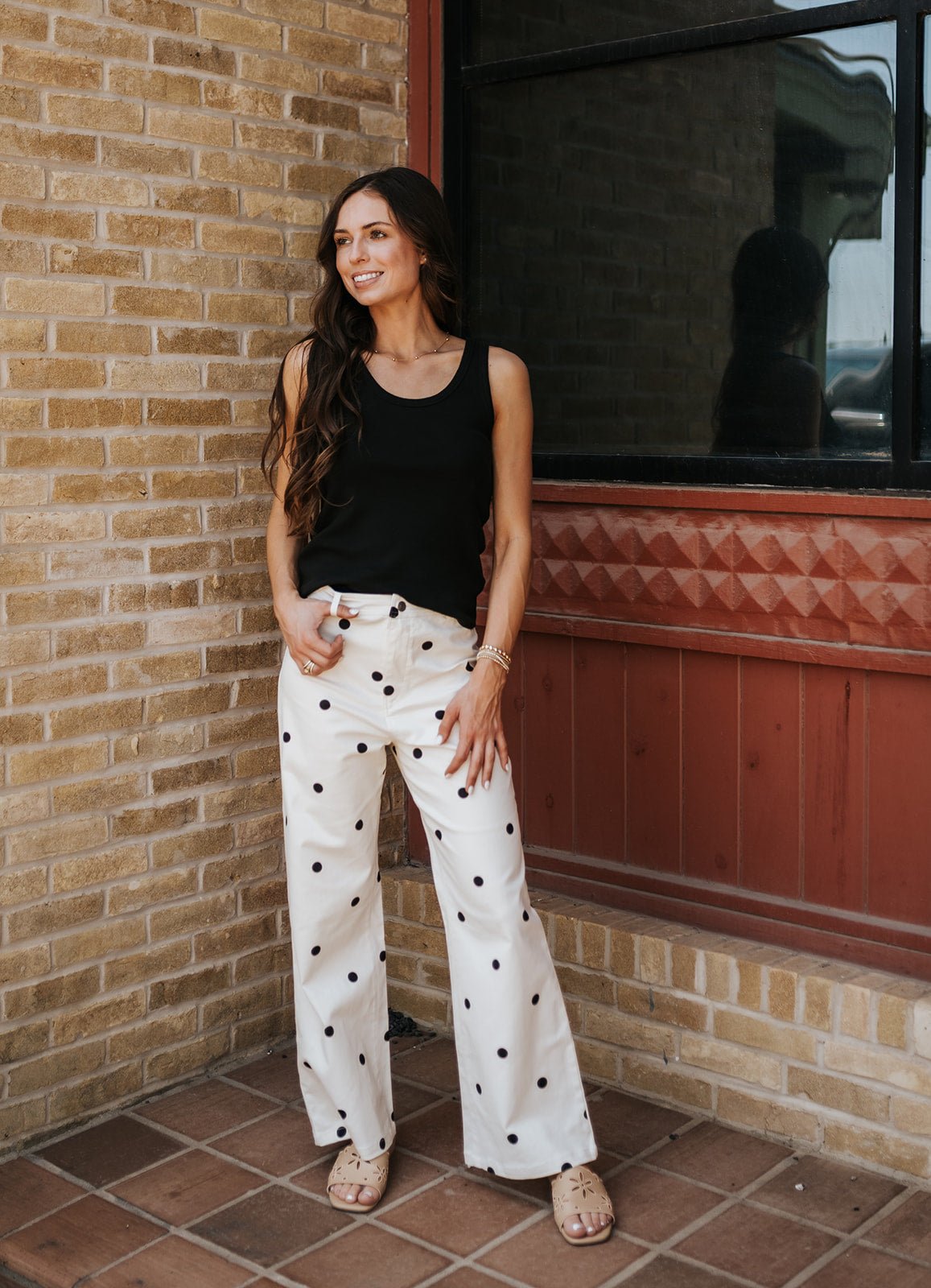 Cream Polkadot Denim Pants IP1384-C - Southern Soule Designs