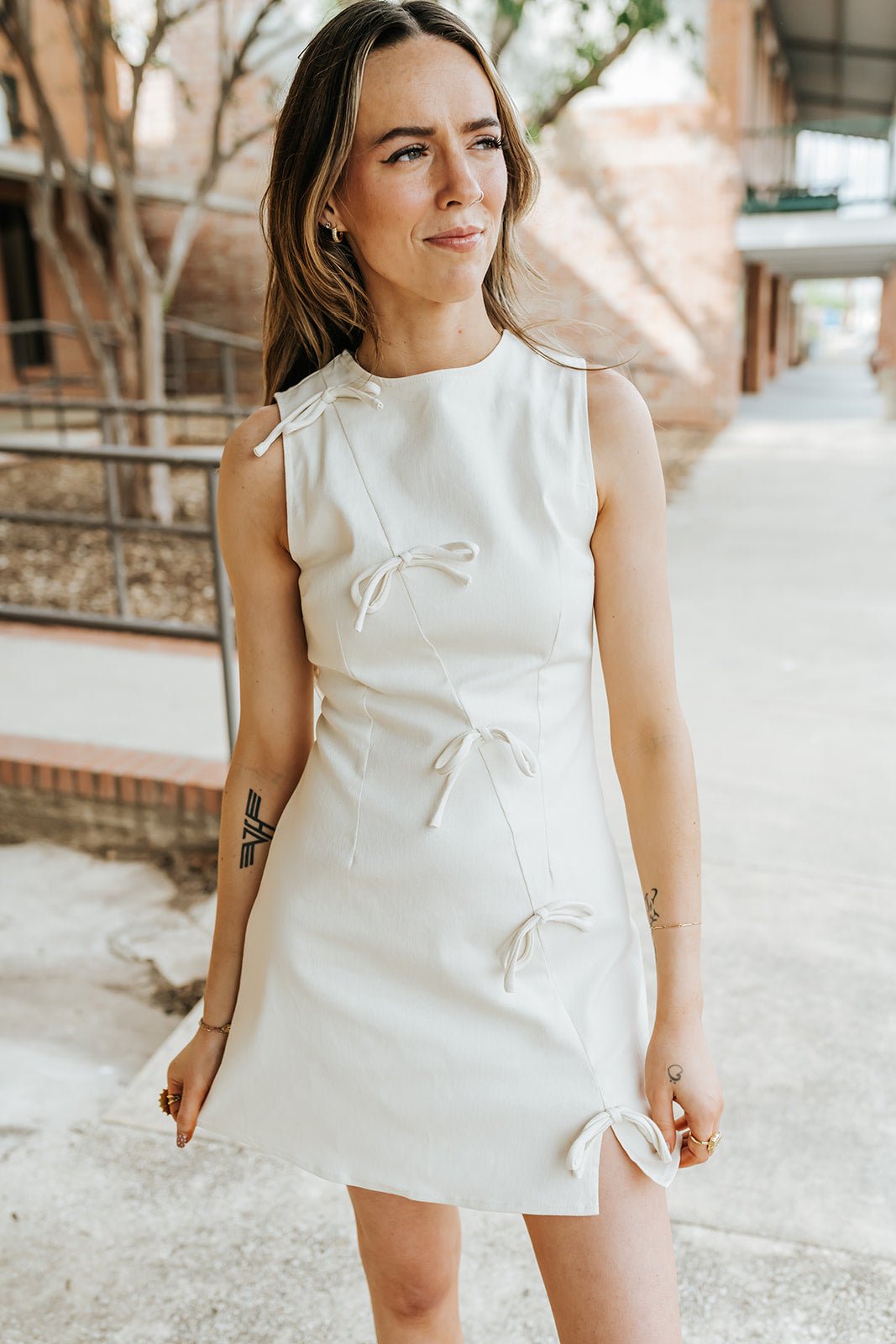 Cream Ribbon Twill Mini Dress ID9976 - Southern Soule Designs
