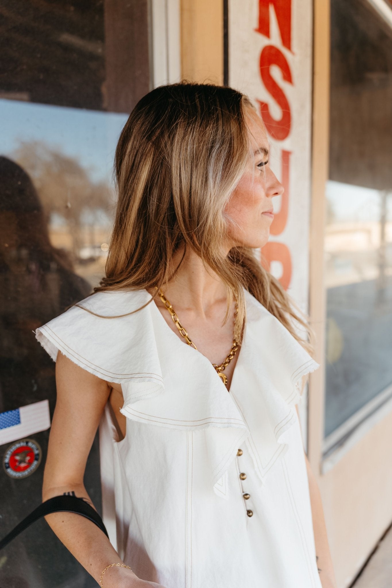 Cream Ruffled Collar Woven Dress D4288 - Southern Soule Designs