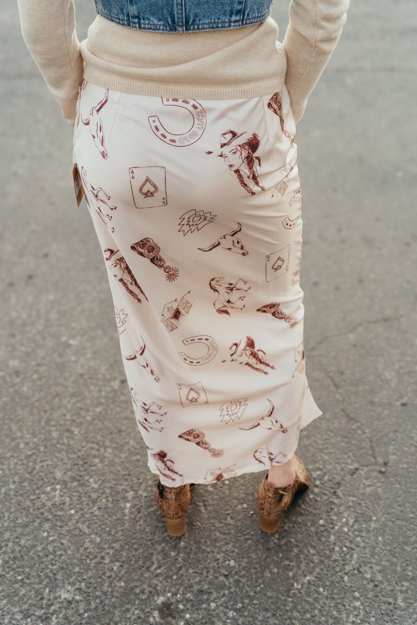 Cream Satin Cowgirl Long Skirt BRK2866 - 1 - Southern Soule Designs