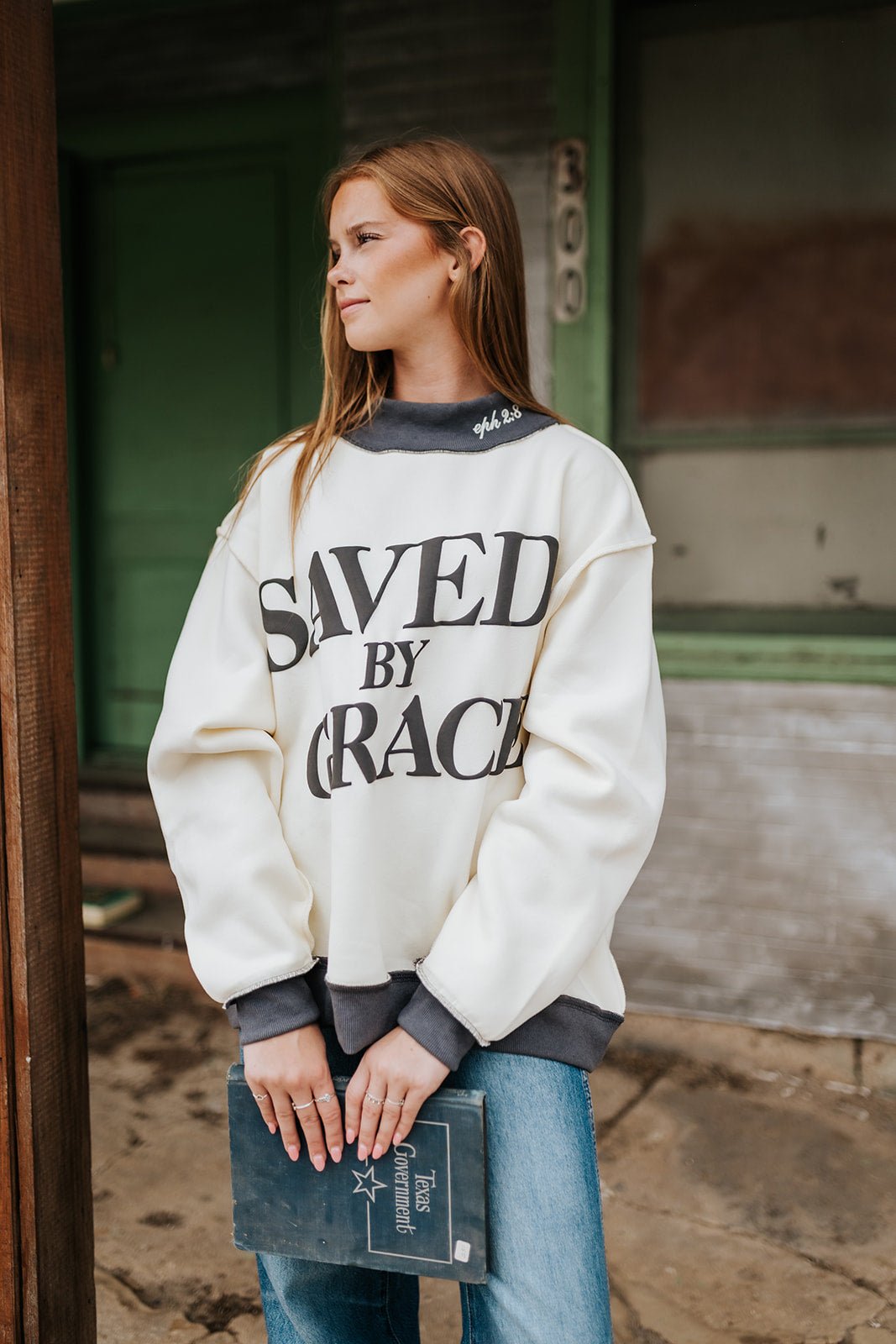 Cream Saved by Grace Mock Neck Sweatshirt IT2594P - Southern Soule Designs