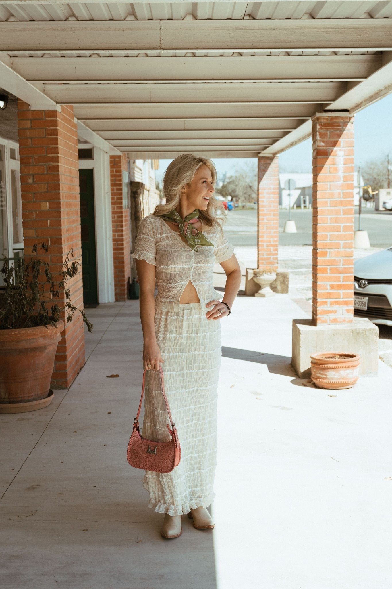 Cream Sheer Textured Button Up Top with Ruffle Sleeves BRT3456 - Southern Soule Designs