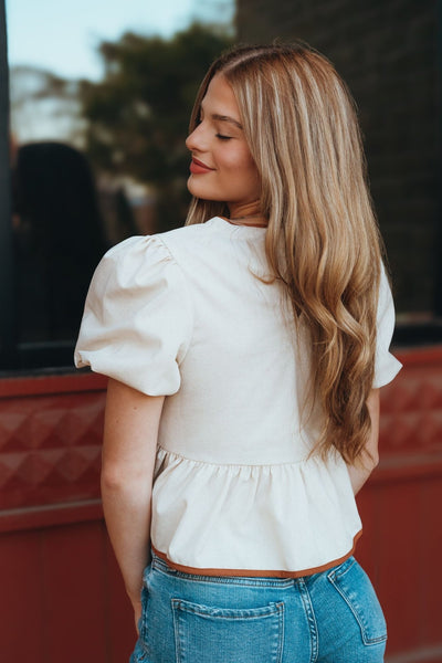 Cream Short Sleeve w/Faux Leather Trim LT1585 - Southern Soule Designs